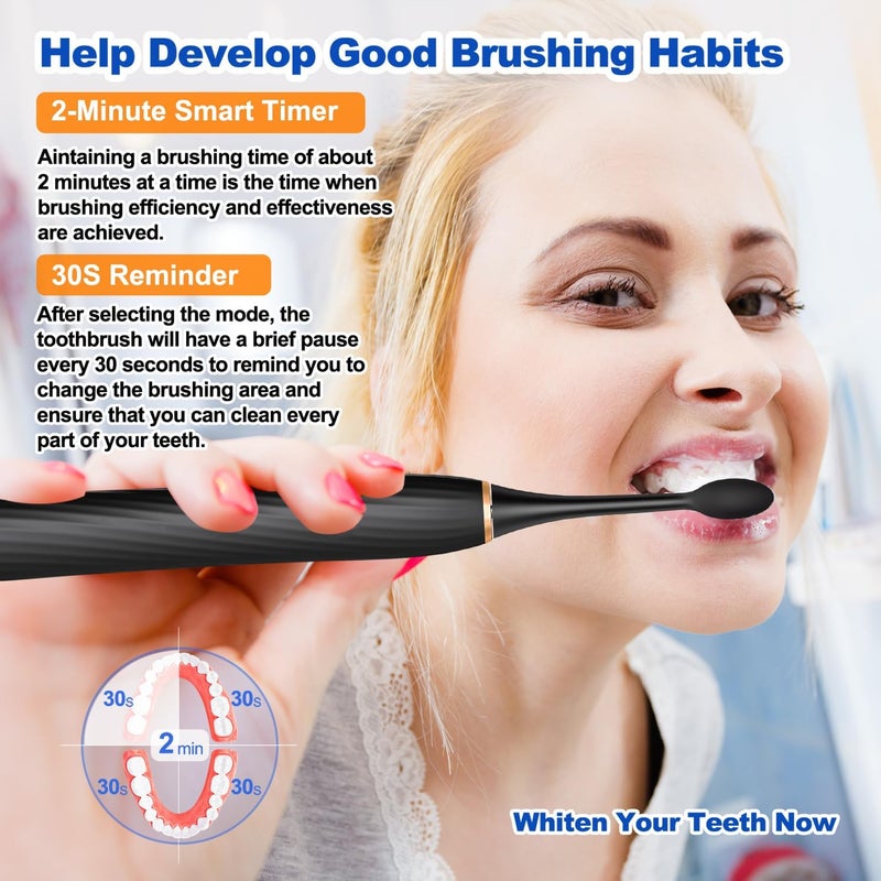 FXQQZZ Electric Toothbrush for Adults and Kids, with Tongue Scraper and Travel Case, 8 Brush Head, Smart Timer & 4 Modes Rechargeable Toothbrush, 42000 VPM Deep Clean, One Charge Last 90 Days - Black - Image 5